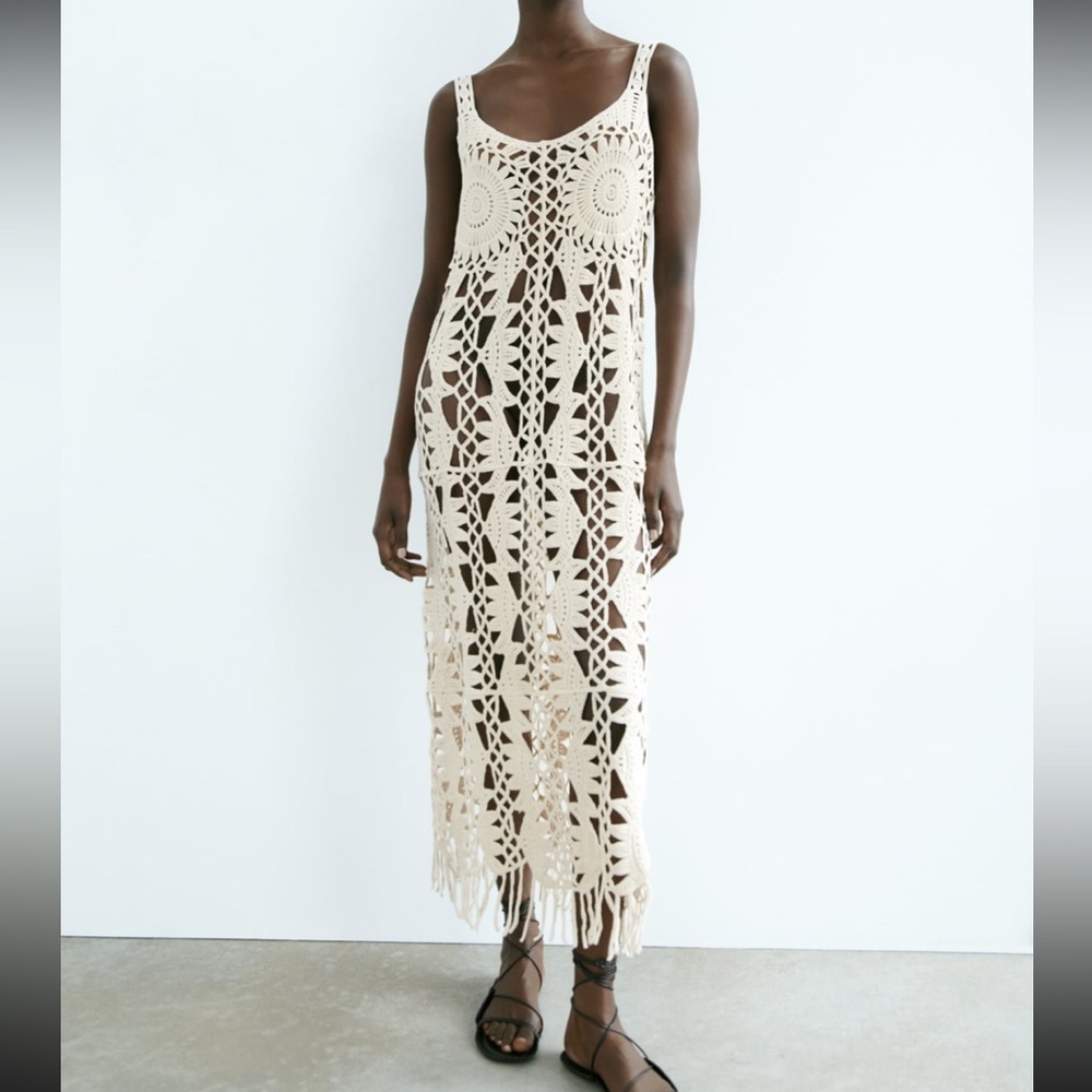 Zara crochet knit fringed hem Summer dress